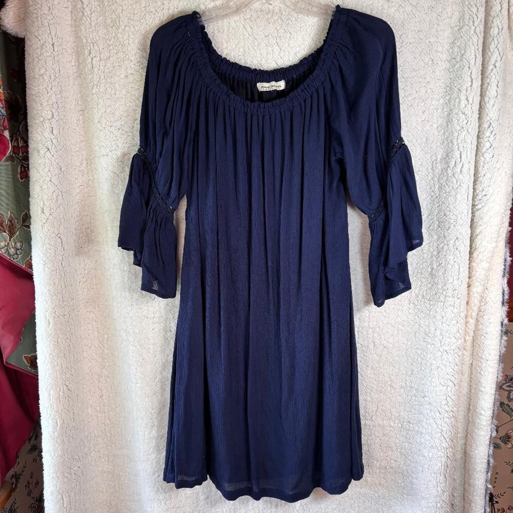 Speed Control Midi Shift Dress 3/4 Flounced Sleeve, Navy Blue,Lined Peasant Boho